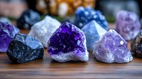 Collection of natural amethyst and healing crystals displayed on wooden surface for meditation, spiritual practices, and holistic wellness therapy sessions.