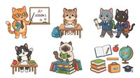 Cartoon cats in school uniforms sitting at desks with books, globes and educational supplies. Isolated clipart set ready for educational materials, children's designs and learning resources.