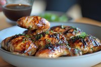 Glazed chicken thighs with caramelized honey-soy marinade served on gray ceramic plate, garnished with fresh herbs. Close up view shows juicy, charred texture.