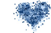 Blue watercolor heart made of scattered dots and circles on white background for romantic designs and Valentine's Day projects.