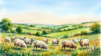 Flock of sheep grazing in rolling green pasture with wildflowers, countryside landscape for agricultural, farming, and rural lifestyle designs.