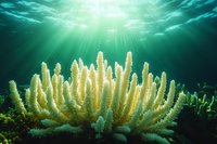 Underwater coral reef scene with golden staghorn coral formations illuminated by sunbeams filtering through turquoise ocean water creating peaceful marine environment.