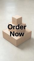 Stack of cardboard shipping boxes arranged by size on a light surface with bold Order Now text overlay for e-commerce promotions.