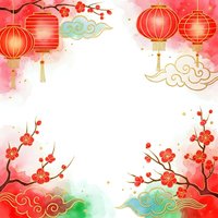 Traditional Chinese New Year frame with red lanterns, plum blossoms and decorative clouds on watercolor background for festive greeting cards and designs.