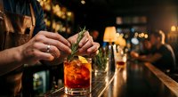 Bartender garnishing whiskey cocktail with fresh rosemary sprig in upscale bar setting with warm ambient lighting for hospitality industry marketing.