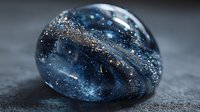 Cosmic glass marble with swirling blue and gold galaxy patterns on dark textured surface, perfect for astronomy or space-themed designs.
