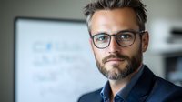 Confident mature businessman with beard and glasses in modern office setting, wearing navy blazer. Professional corporate portrait showing leadership and expertise.