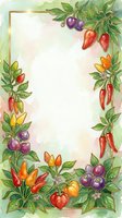 Colorful pepper and berry frame with green foliage on watercolor background, isolated on white space for greeting cards, invitations, menus, and culinary designs.