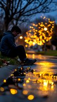 Young man sitting alone on curb at dusk, silhouetted against bokeh lights reflecting in rain puddle, creating atmospheric mood for concepts of solitude and reflection.