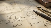 Vintage scientific workspace with mathematical equations, chemical formulas and geometric diagrams on aged paper with compass and old books for education.