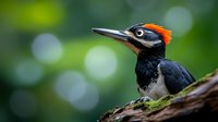 Male Acorn Woodpecker perched on mossy branch against blurred green bokeh background, displaying distinctive black, white and red head markings in sharp detail.