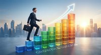 Professional businessman climbing colorful growth chart steps with upward arrow against city skyline at sunrise representing career advancement and success.