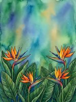 Watercolor tropical bird of paradise flowers with lush green leaves on a vibrant teal blue background, perfect for wall art and prints.