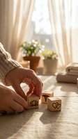 Hands arranging wooden blocks with wellness symbols in cozy home setting with natural light and plants for mindfulness and self-care concepts.