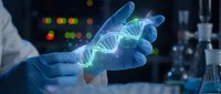 Scientist in laboratory holding glowing DNA double helix hologram above palm, genetic research and biotechnology innovation concept for medical science applications.