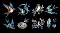 Swallows and nests isolated on transparent background, ready for t-shirt design, clipart, stickers, sublimation and print-on-demand projects. Features flying birds, nests and botanical elements.