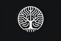 Minimalist white tree symbol in circular frame on black background, featuring symmetrical wavy branches and roots pattern. Isolated design for logo and branding.
