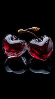 Red liquid cherries with stems on black reflective surface, dramatic splash effect creating heart shapes, artistic food photography with water drops and reflection.