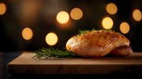 Juicy grilled chicken breast with sesame seeds and fresh rosemary on wooden cutting board against dark background with golden bokeh lights.