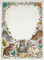 Decorative frame with cute mice and floral elements on textured background for greeting cards, invitations and scrapbooking projects.