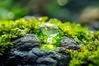 Sparkling green gemstone on dark rock surrounded by fresh moss with magical bokeh light effects in background, creating mystical natural atmosphere.