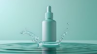 White cosmetic dropper bottle with water splash effect on mint green background, creating dynamic ripples and droplets for skincare product advertising.