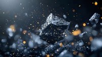 Frozen water drops and ice crystals floating in dark space with golden bokeh lights creating magical winter atmosphere for seasonal designs.