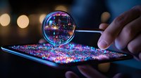 Magnifying glass revealing digital technology landscape on tablet screen with glowing circuit patterns and neon lights against dark background with bokeh effect.