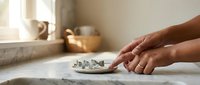 Woman hands kneading dough on marble counter in warm kitchen with natural light. Home baking and cooking preparation concept for bread or pastry making.