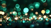 Magical turquoise and gold bokeh lights creating dreamy abstract background with glowing particles and blurred circles for festive holiday designs.
