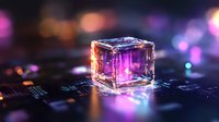 Glowing transparent cube on digital circuit board with purple and pink bokeh lights creating futuristic technological atmosphere. Perfect for tech concepts.
