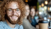 Young Caucasian man with curly hair, glasses and beard smiling while holding coffee cup in cafe. Genuine cheerful expression and warm atmosphere for lifestyle content.