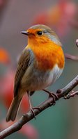 European robin perched on branch with vibrant orange breast and gray-brown plumage against soft bokeh background, perfect for wildlife publications.