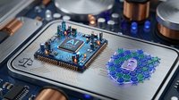 Microprocessor chip with security lock hologram on circuit board showcasing cybersecurity technology and data protection in modern electronics manufacturing.