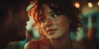 Young woman with curly hair in warm evening light, contemplative expression with bokeh background, cinematic portrait photography for lifestyle content.