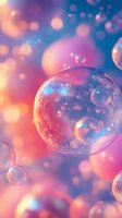 Floating soap bubbles against dreamy pink and blue bokeh background create magical atmosphere with light reflections and transparent spheres for fantasy designs.