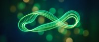 Glowing neon infinity symbol with flowing green light trails on dark bokeh background, suitable for technology and digital design projects.