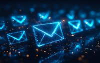 Glowing blue envelope icons floating in dark space with sparkles and bokeh effects, representing digital communication and email messaging technology.