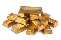 Stack of shiny gold bars arranged randomly on white background, isolated financial wealth concept for banking, investment and precious metal trading.