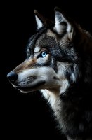 Dramatic side profile of gray wolf with piercing blue eyes against black background, highlighting detailed fur texture and natural markings in low-key lighting.