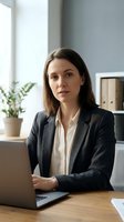 Professional businesswoman in dark suit working at laptop in modern office environment with natural lighting and plants.