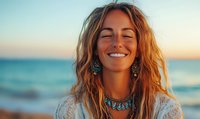 Young woman with wavy hair smiling with eyes closed at sunset beach, wearing bohemian jewelry and white lace top, radiating happiness and peace.