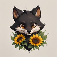 Adorable black fox character with bright amber eyes peeking through vibrant sunflowers and green leaves on neutral background, artistic illustration for children decor.