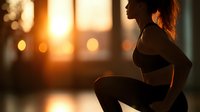 Silhouette of athletic woman in sportswear doing squats during sunset workout with golden bokeh lights in background, fitness and wellness lifestyle concept.