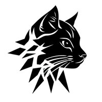 Black silhouette of wild cat head with flowing geometric fragments isolated on white background for tattoo design and graphic projects.