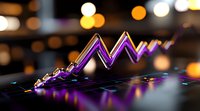 Glowing neon zigzag line with purple and blue reflections on dark surface against blurred bokeh lights background creates modern abstract composition.