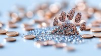Glittering paw print made from rose gold sparkles and crystals on soft blue background with scattered coins and diamond dust, creating magical pet concept.