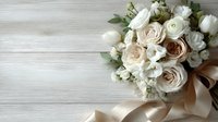 Elegant bridal bouquet with white roses, ranunculus, and eucalyptus on light wooden background, tied with beige satin ribbon.