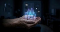 Hand holding holographic family silhouettes with glowing blue light effect representing protection, insurance and care concepts for business presentations.