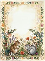 Vintage floral frame with cute woodland animals mice and squirrels surrounded by wildflowers and botanical elements on textured paper background.